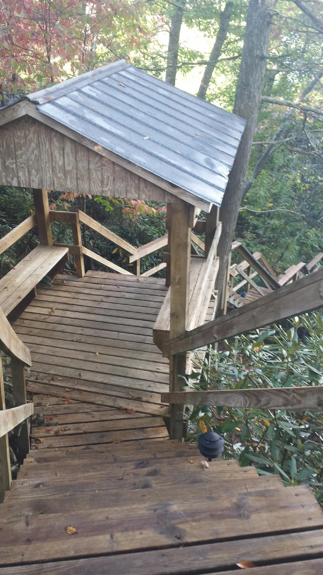 Metal roofed shelter over wooden steps on a wooded walkway — Skylight Repair & Installation work by our crew in Barnardsville